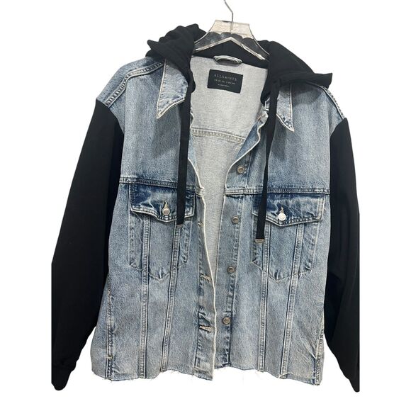 AllSaints Jacket Milena Hooded Denim Size L (US 8) Indigo Blue Black Button - Picture 8 of 10
